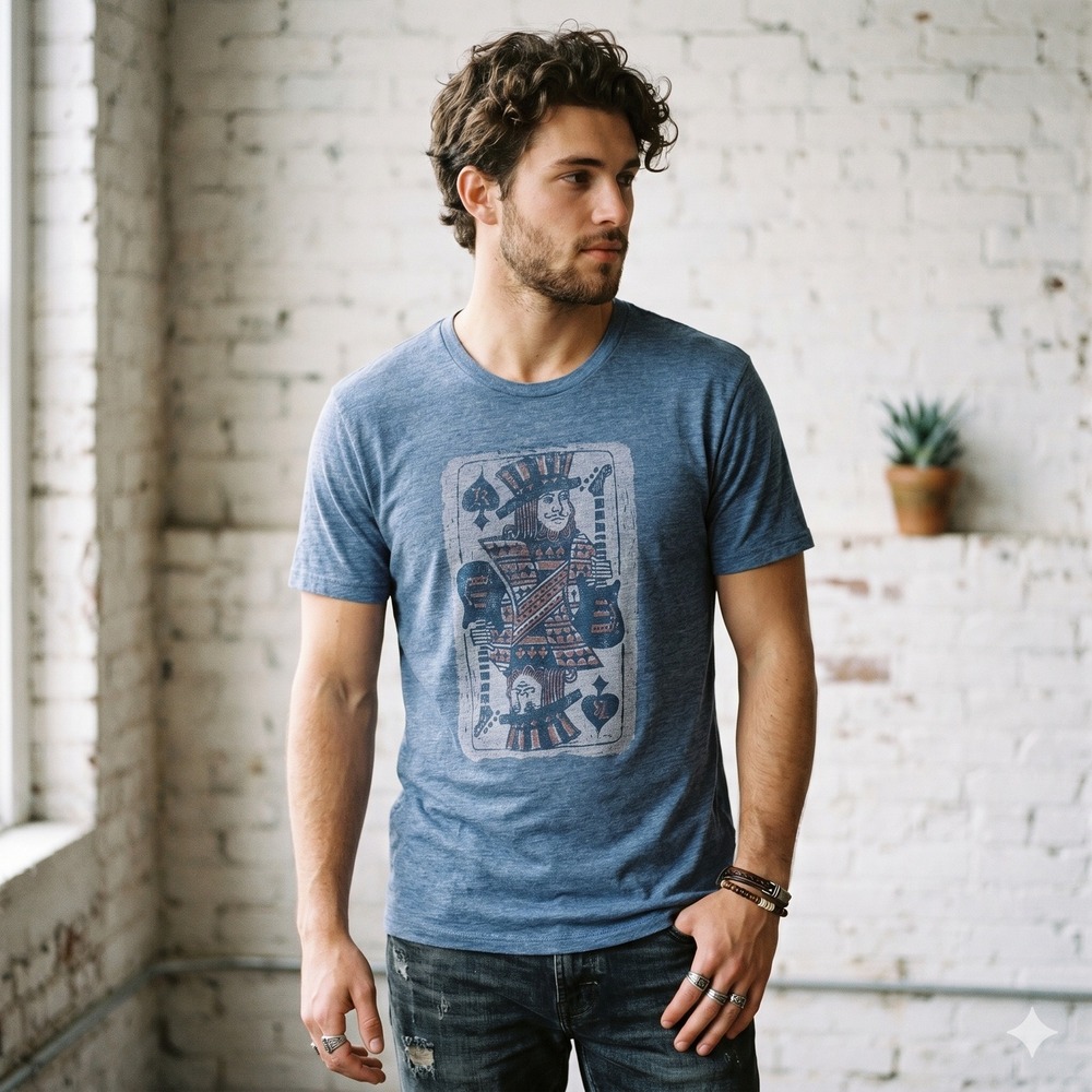 Lucky Brand Tee Mens Large Blue Graphic Playing Card Guitar Rocker Americana